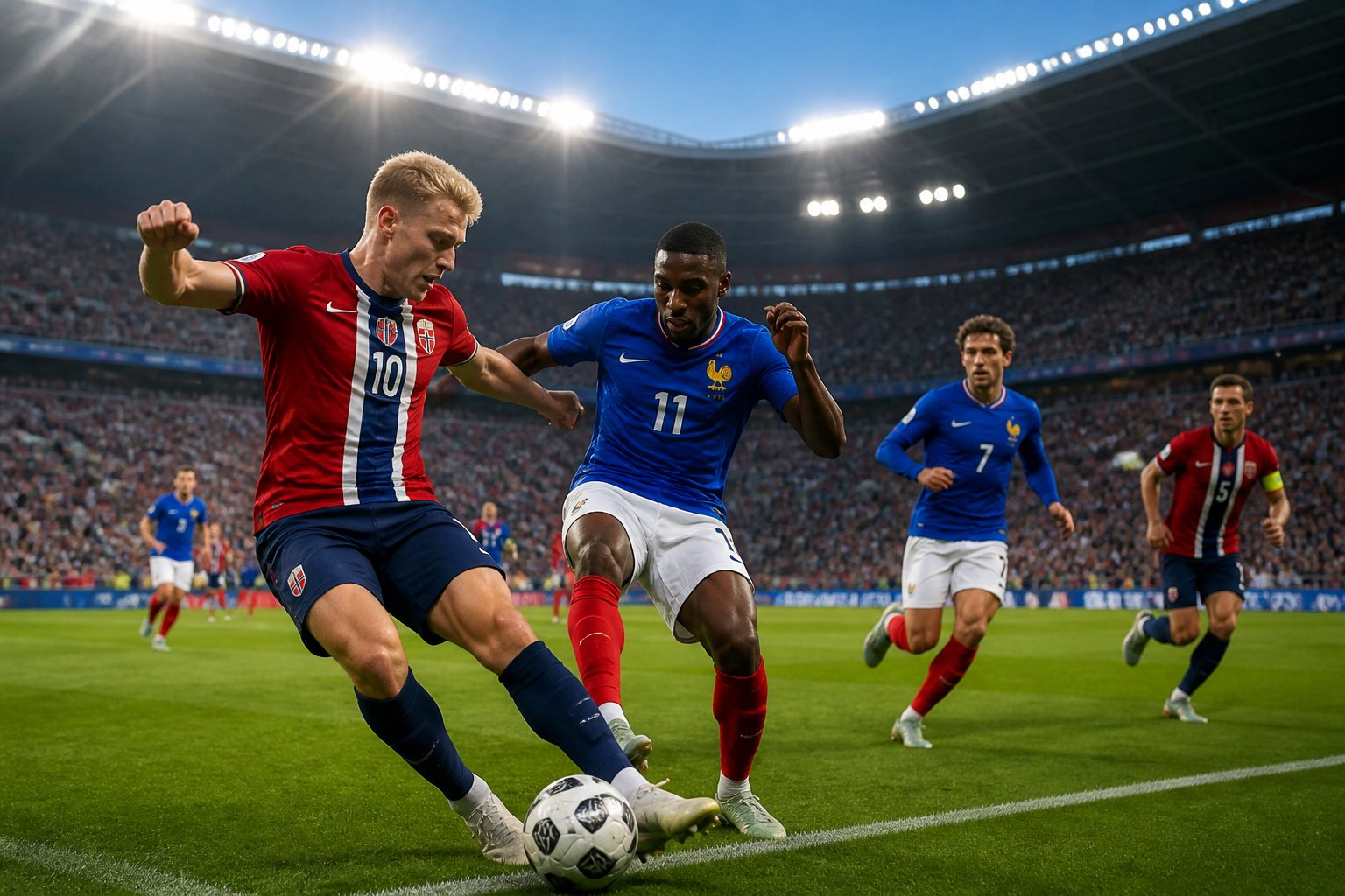 Norveç ve Fransa takımlarının Dünya Kupası maçında sahada mücadele eden futbolcular ve kalabalık tribünler.