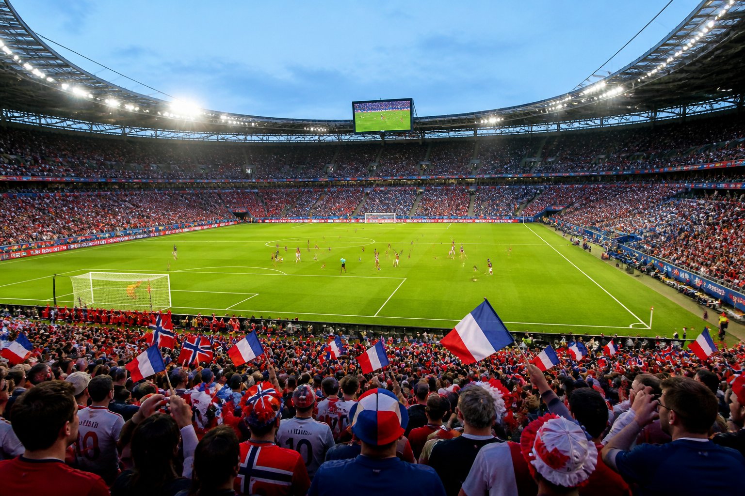 Norveç ve Fransa takımlarının maç yaptığı, dolu tribünlü büyük bir futbol stadyumu.
