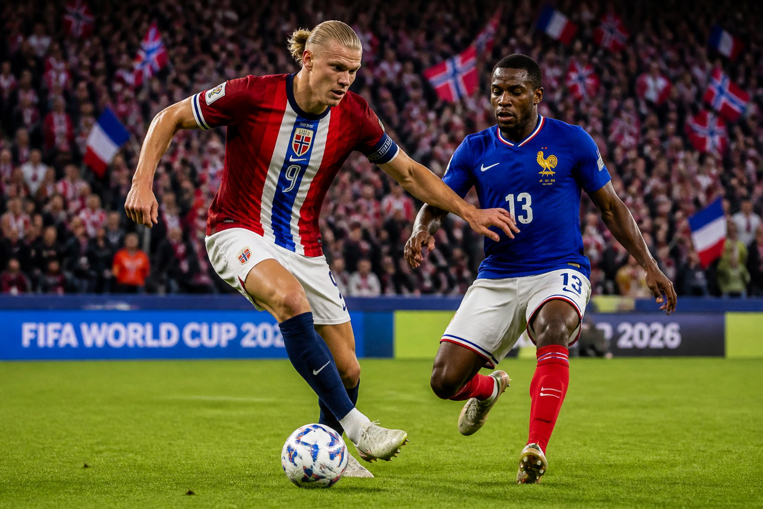 Norveç ve Fransa futbol takımları arasında bir Dünya Kupası maçında sahada mücadele eden iki futbolcu.