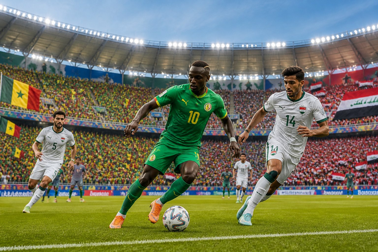 Senegal ve Irak takımları arasında Dünya Kupası maçında kalabalık bir stadyumda oynanan canlı futbol müsabakası.