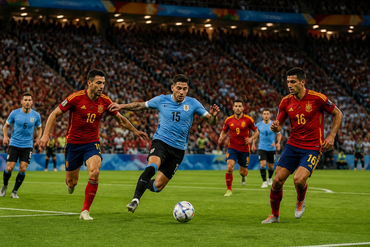 Uruguay ve İspanya takımlarının büyük bir stadyumda Dünya Kupası maçı sırasında mücadele ettiği futbol sahnesi.