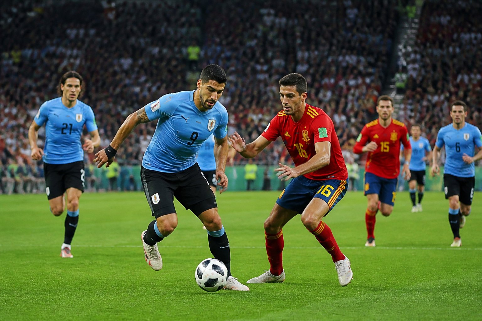 Uruguay ve İspanya futbol takımları Dünya Kupası maçında yeşil sahada mücadele ediyor.