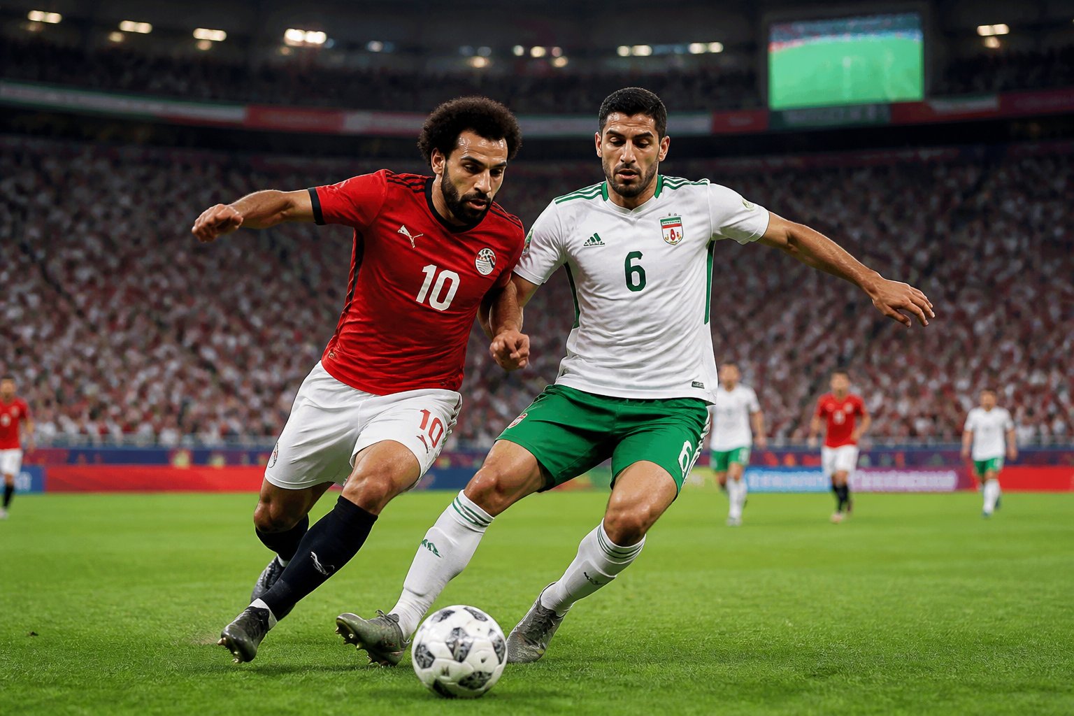 Mısır ve İran milli takımları arasında Dünya Kupası maçında sahada mücadele eden futbolcular.