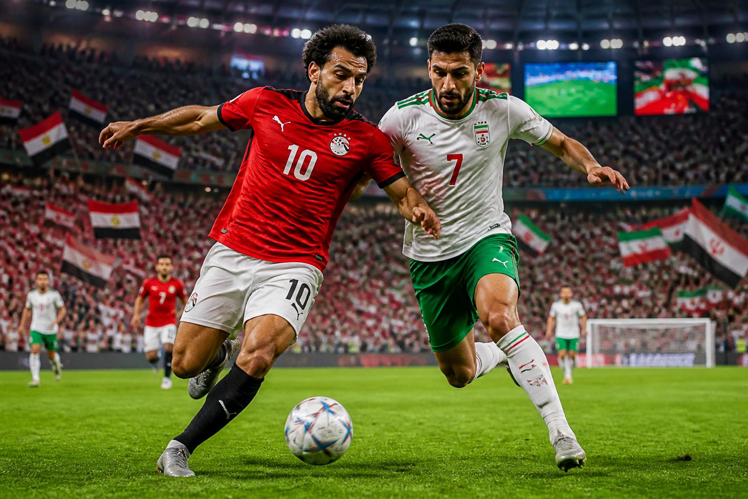 Mısır ve İran futbol takımları arasında, kalabalık bir stadyumda oynanan heyecanlı bir Dünya Kupası maçı sahnesi.