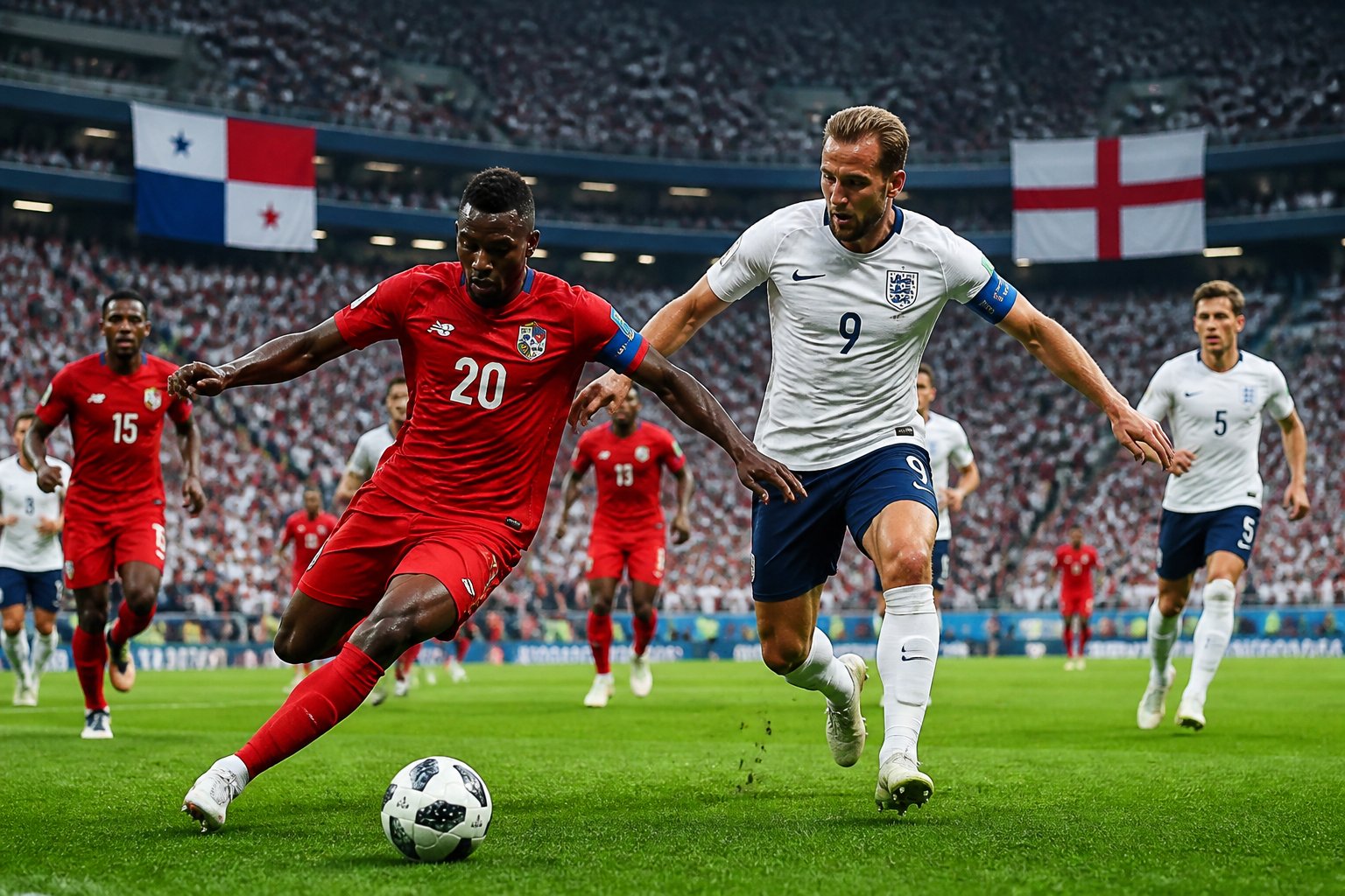 Panama ve İngiltere arasında bir Dünya Kupası maçında futbolcular top için mücadele ediyor, kalabalık bir stadyumda maç devam ediyor.