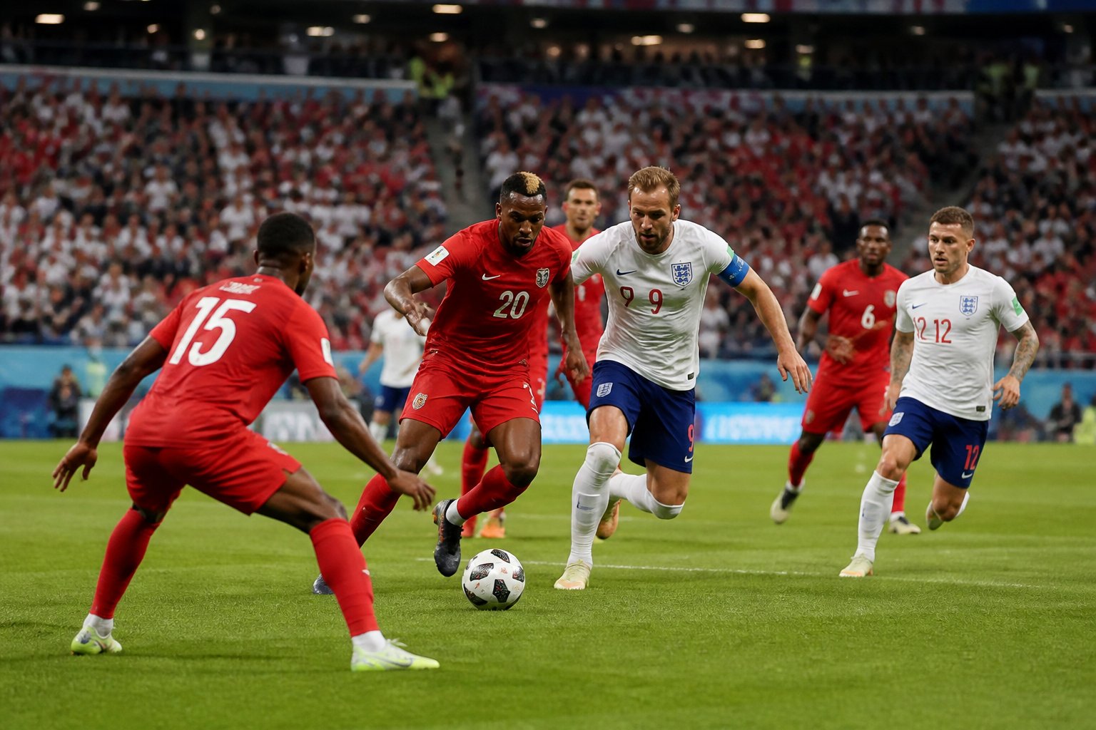 Panama ve İngiltere futbol takımları arasında oynanan Dünya Kupası maçında oyuncular top için mücadele ediyor, stadyumda taraftarlar tezahürat yapıyor.